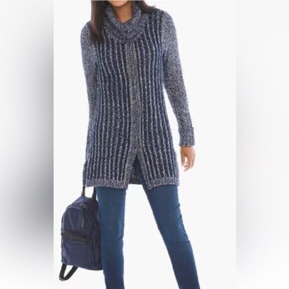 Chico's Textured Tina Cardigan Sweater women 1 Snap Front Chains Blue boho comfy - Picture 1 of 11